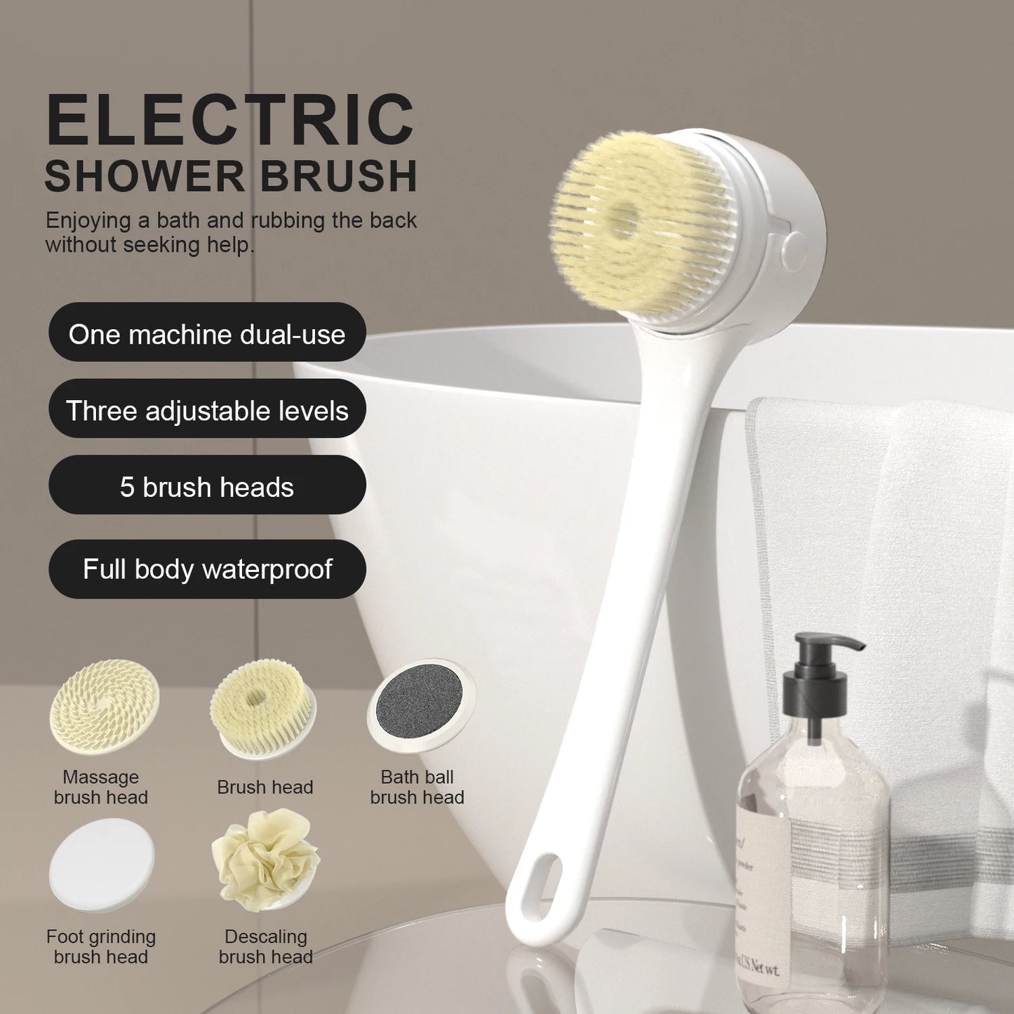 NEW Electric Shower Body Cleaning Brush 5 Heads Spinning